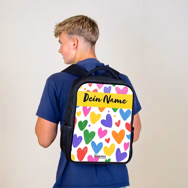 Kinderrucksack mit Namen - Schwarz - Herzen - Muster - Farbenfroh — 3