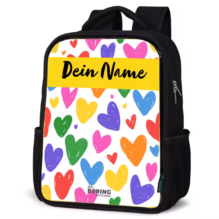 Kinderrucksack mit Namen - Schwarz - Herzen - Muster - Farbenfroh — 4