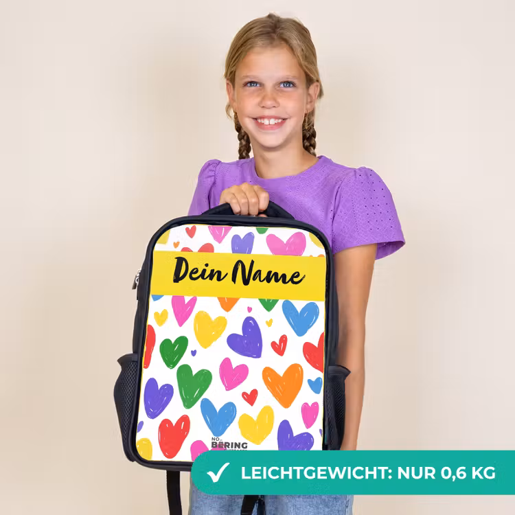 Kinderrucksack mit Namen - Schwarz - Herzen - Muster - Farbenfroh — 7
