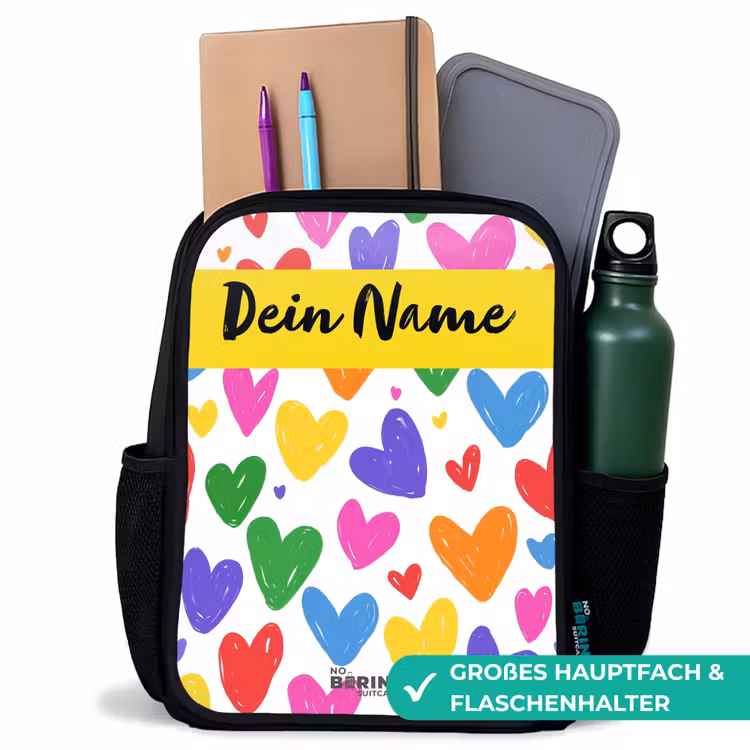 Kinderrucksack mit Namen - Schwarz - Herzen - Muster - Farbenfroh — 8