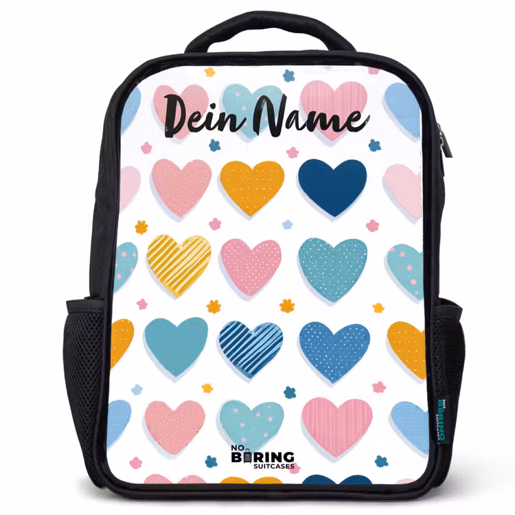 Kinderrucksack mit Namen - Schwarz - Herzen - Pastell - Muster — 1