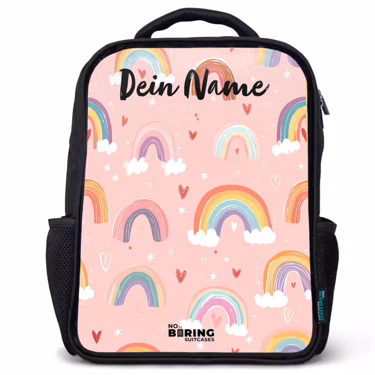 Kinderrucksack mit Namen - Schwarz - Regenbogen - Muster - Pastell — 1