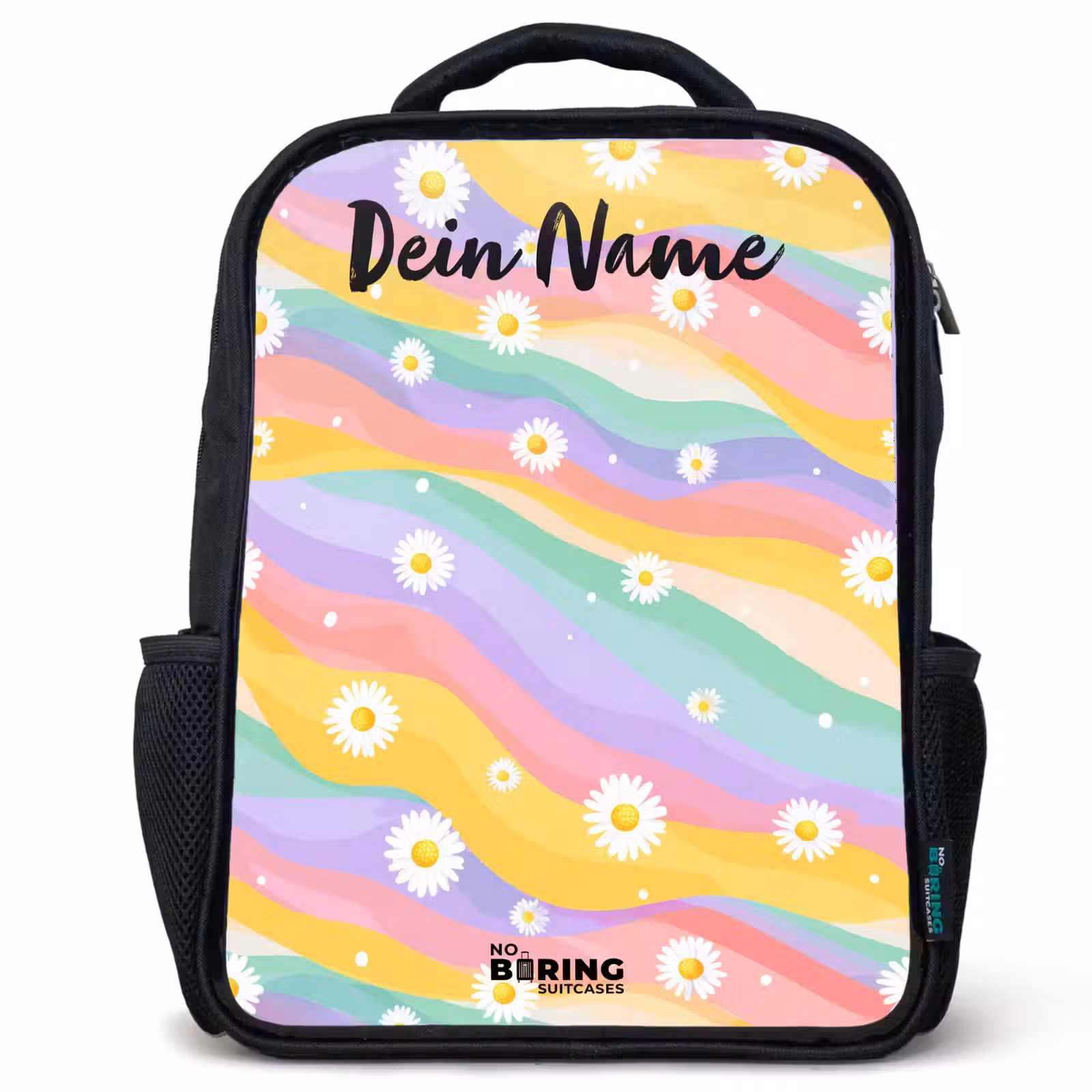 Kinderrucksack mit Namen - Schwarz - Gänseblümchen - Bunt - Pastell — 1