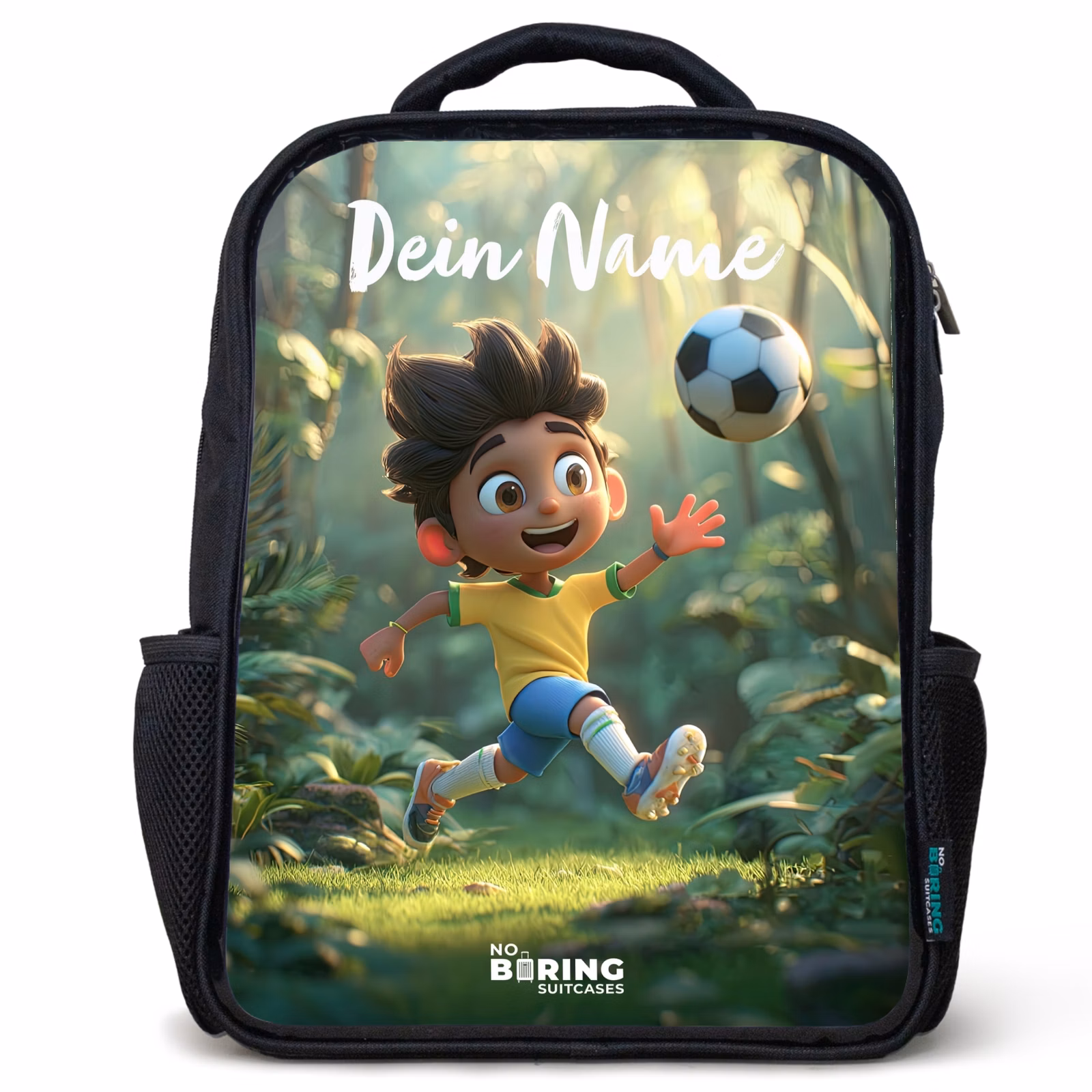 Kinderrucksack mit Namen - Schwarz - Junge - Fußball - Wald - Bäume — 1