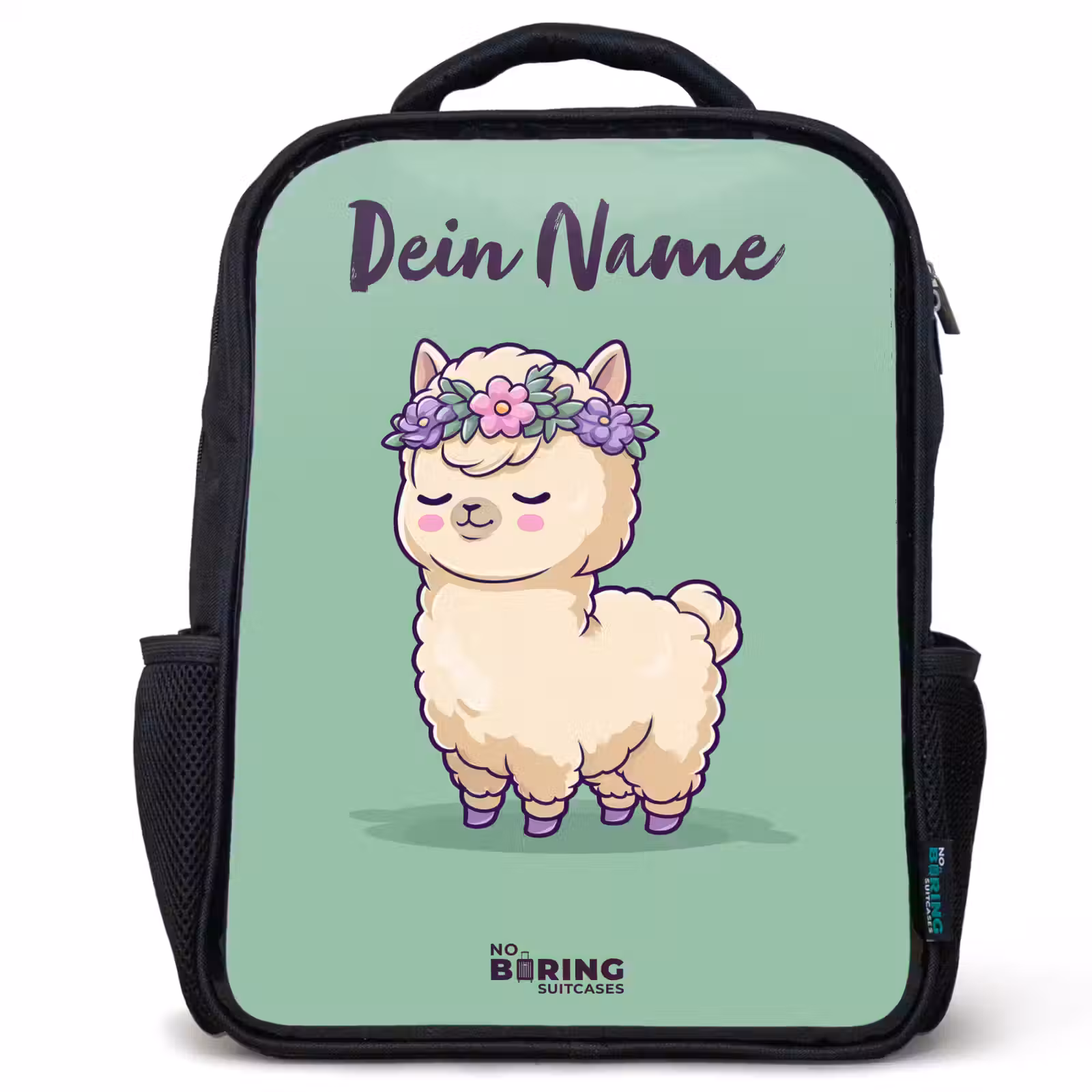 Kinderrucksack mit Namen - Schwarz - Kawai - Alpaka - Grün — 1