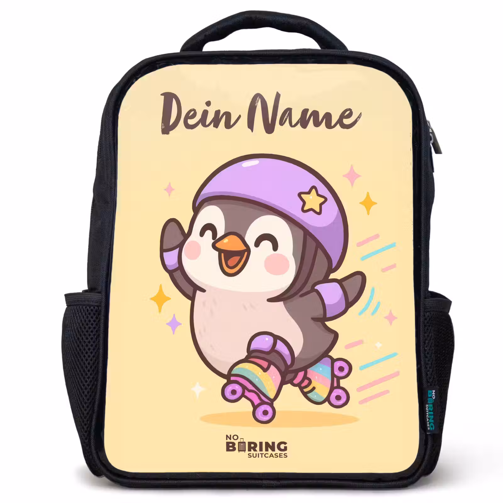 Kinderrucksack mit Namen - Schwarz - Kawai - Pinguin - Schlittschuhe — 1
