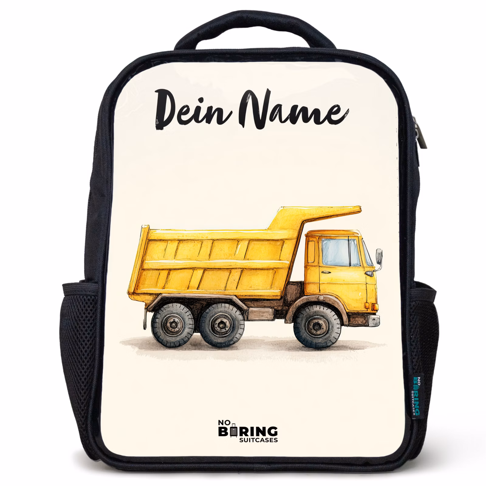 Kinderrucksack mit Namen - Schwarz - Muldenkipper - Signiert - Gelb — 1