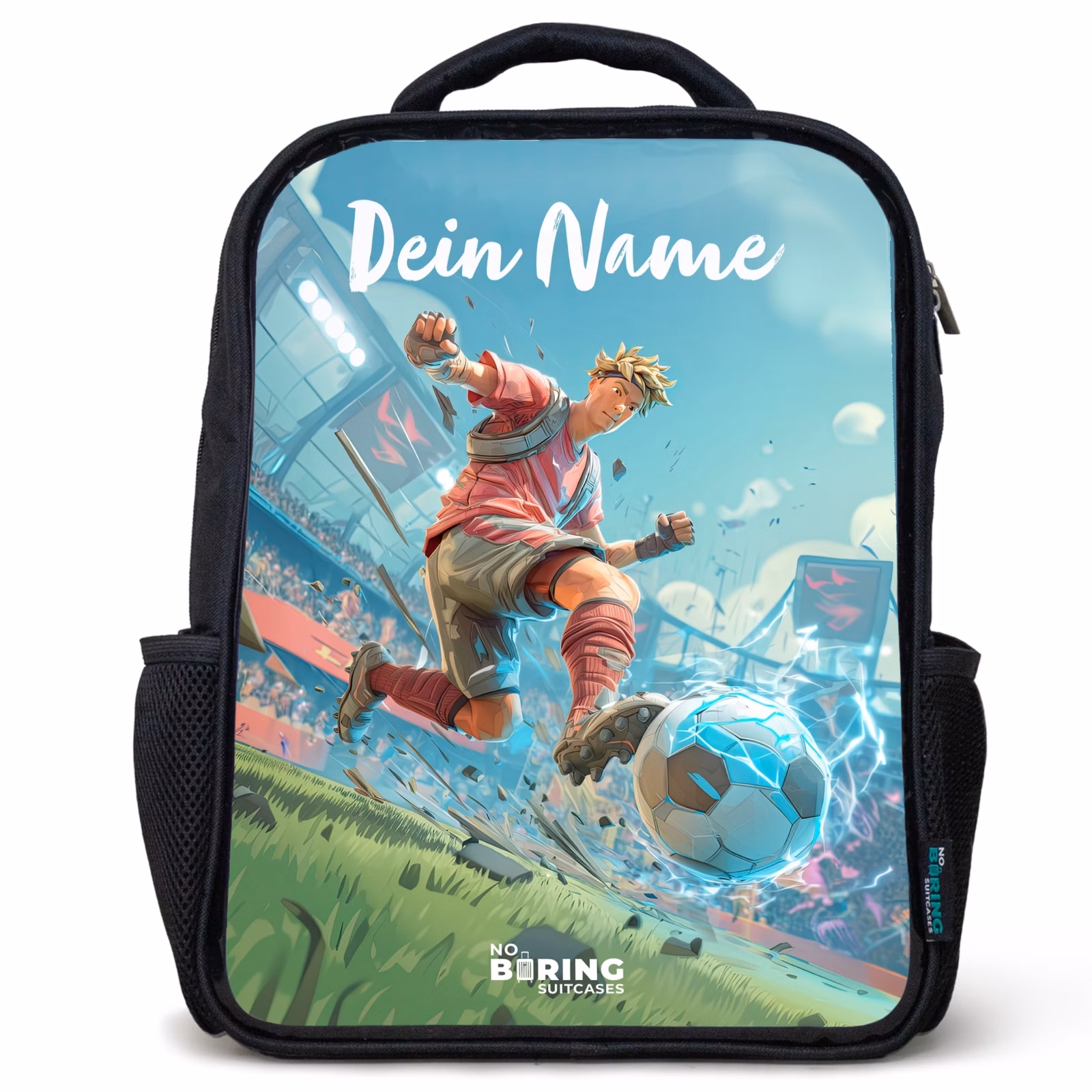 Kinderrucksack mit Namen - Schwarz - Stadion - Fußballer - Ball - Elektrisch — 1
