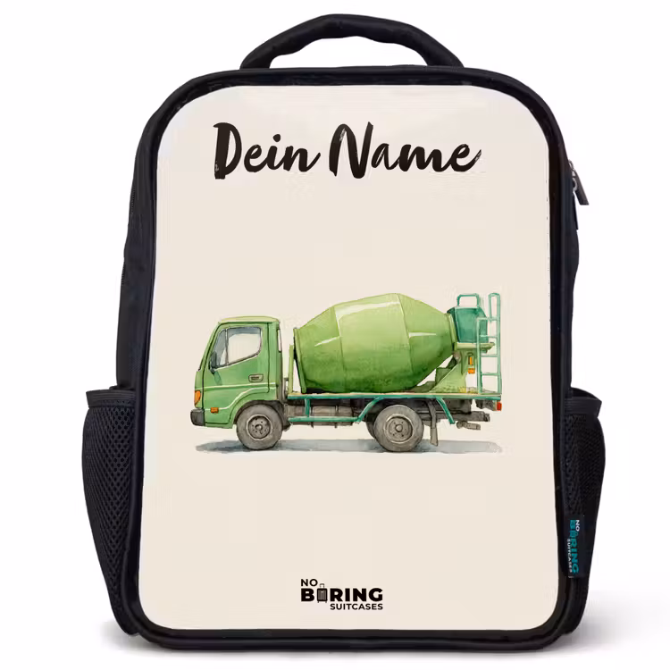 Kinderrucksack mit Namen - Schwarz - Betonmischer - Unterzeichnet - Grün — 1
