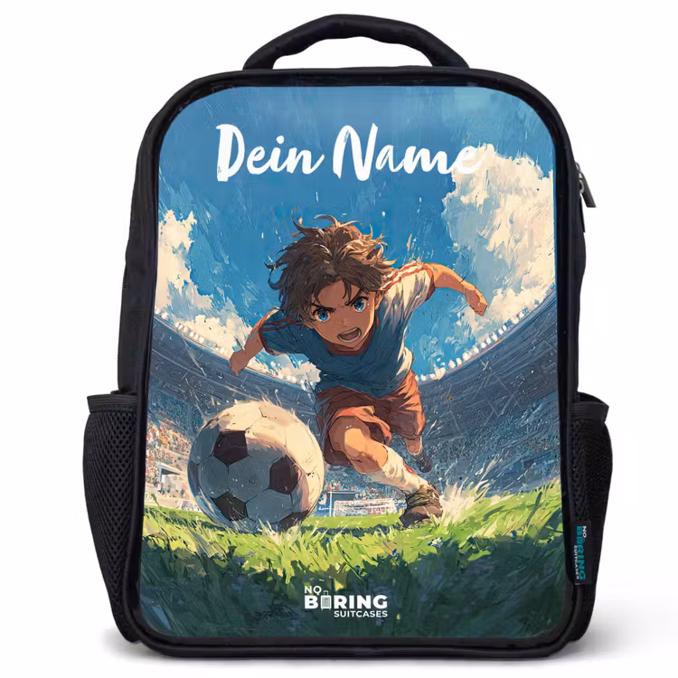 Kinderrucksack mit Namen - Schwarz - Fußball - Rasen - Stadion - Malerei — 1