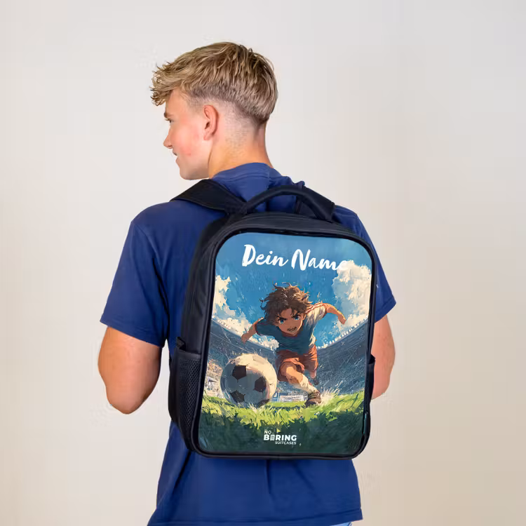 Kinderrucksack mit Namen - Schwarz - Fußball - Rasen - Stadion - Malerei — 3