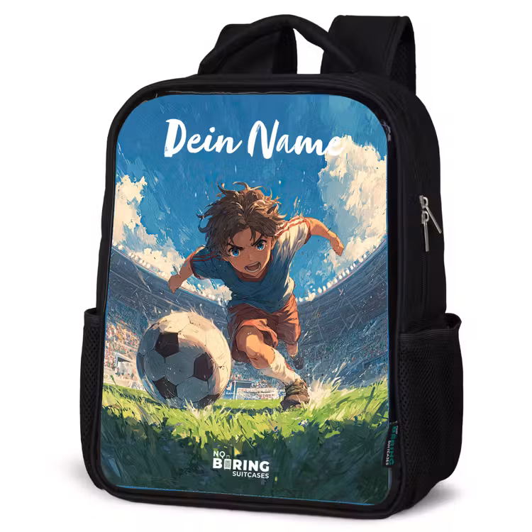Kinderrucksack mit Namen - Schwarz - Fußball - Rasen - Stadion - Malerei — 4