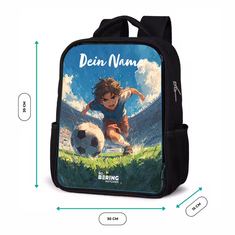 Kinderrucksack mit Namen - Schwarz - Fußball - Rasen - Stadion - Malerei — 6