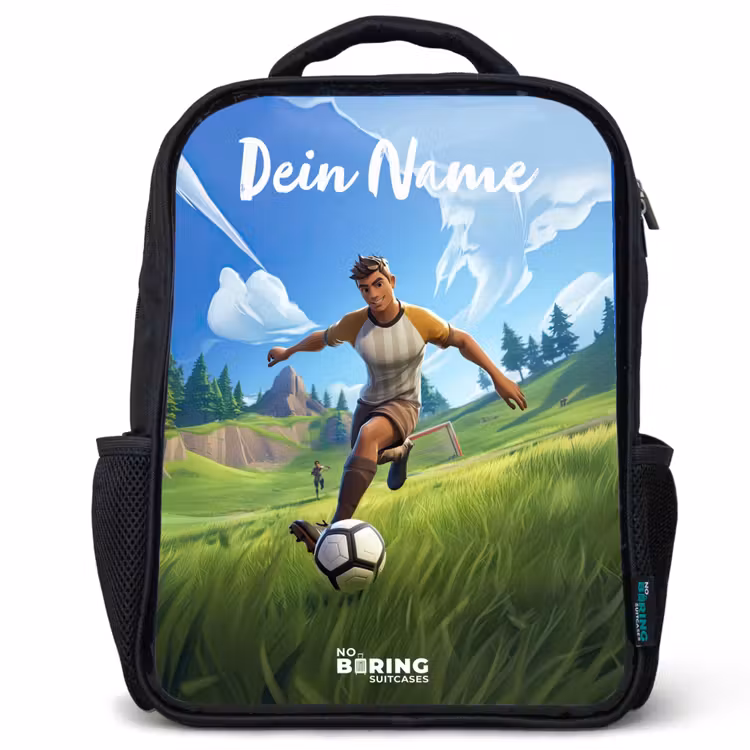 Kinderrucksack mit Namen - Schwarz - Fußballer - Gras - Tor - Farbenfroh — 1