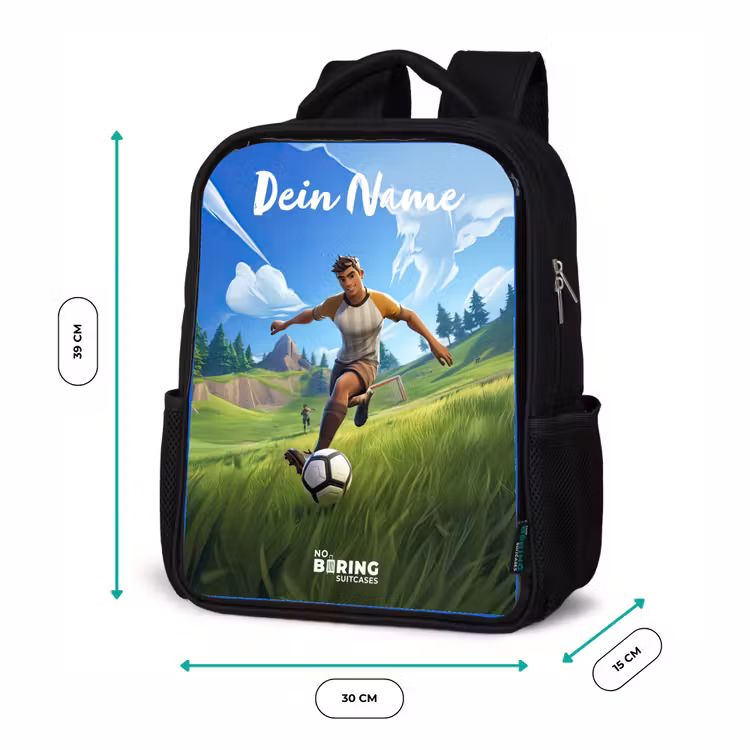 Kinderrucksack mit Namen - Schwarz - Fußballer - Gras - Tor - Farbenfroh — 6