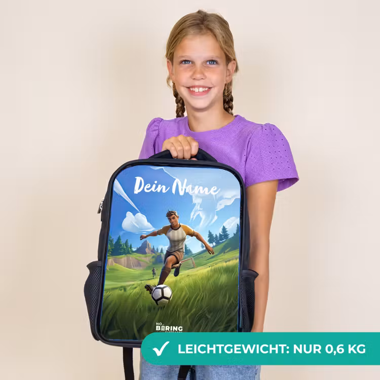 Kinderrucksack mit Namen - Schwarz - Fußballer - Gras - Tor - Farbenfroh — 7