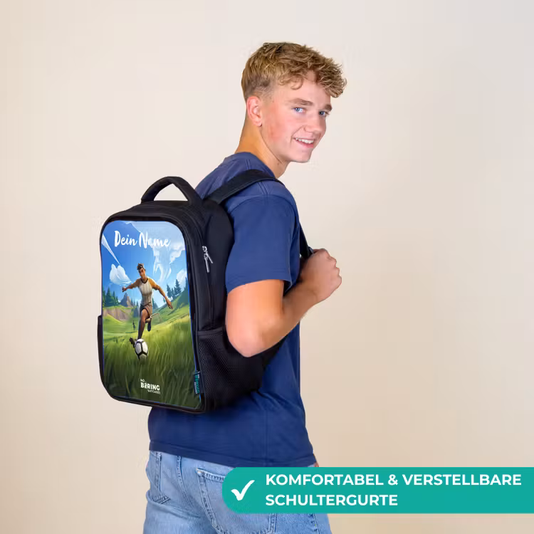 Kinderrucksack mit Namen - Schwarz - Fußballer - Gras - Tor - Farbenfroh — 9