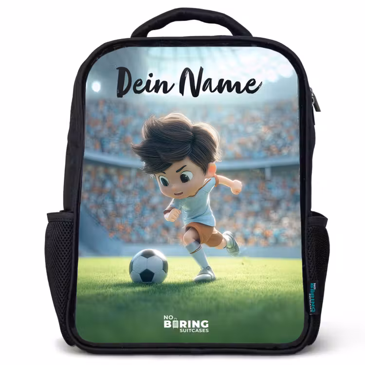 Kinderrucksack mit Namen - Schwarz - Junge - Stadion - Fußball - Sonnenlicht — 1