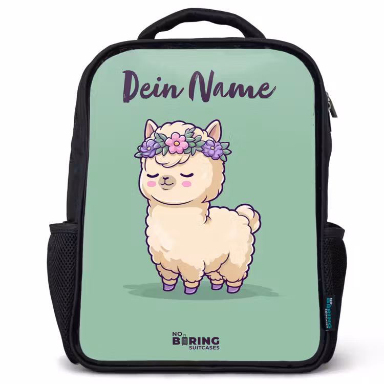Kinderrucksack mit Namen - Schwarz - Kawai - Alpaka - Grün — 1