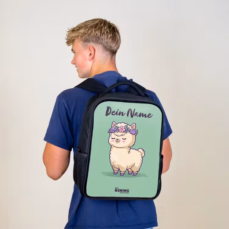 Kinderrucksack mit Namen - Schwarz - Kawai - Alpaka - Grün — 3