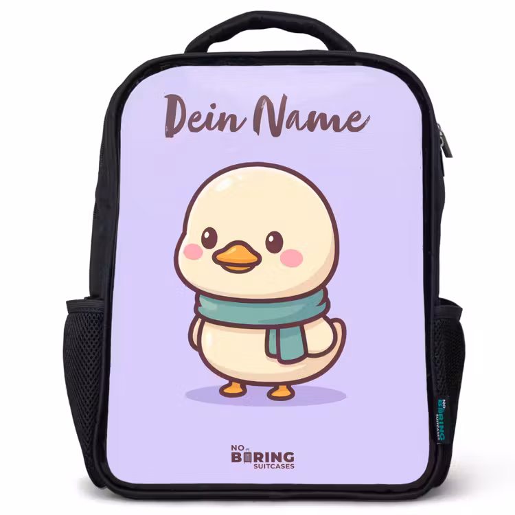 Kinderrucksack mit Namen - Schwarz - Kawai - Ente - Halstuch — 1