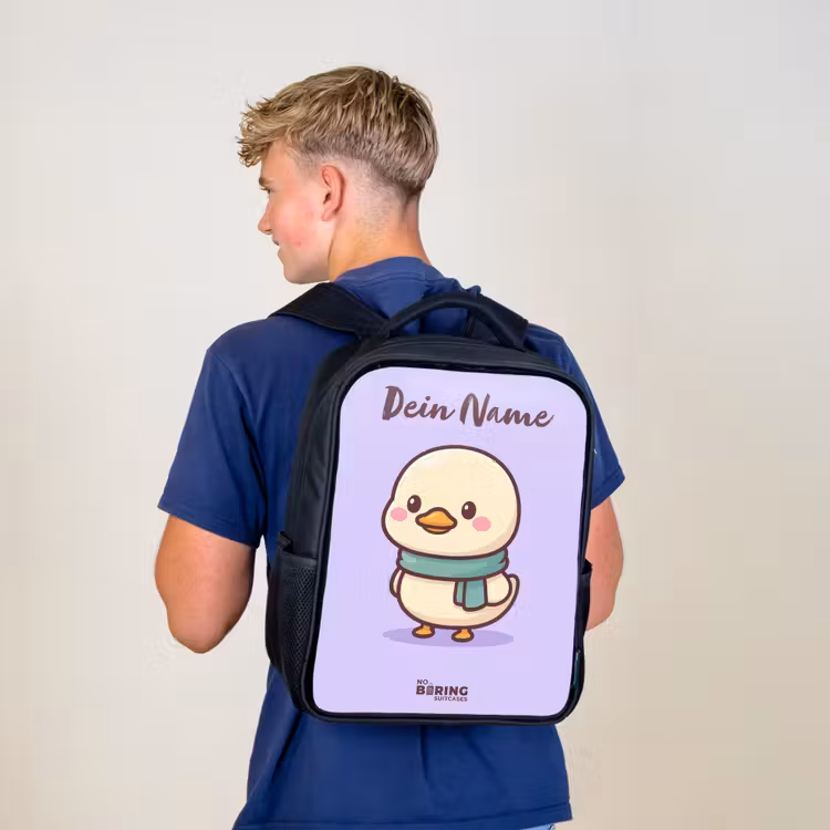Kinderrucksack mit Namen - Schwarz - Kawai - Ente - Halstuch — 3