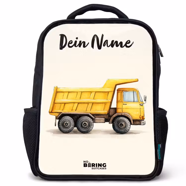 Kinderrucksack mit Namen - Schwarz - Muldenkipper - Signiert - Gelb — 1