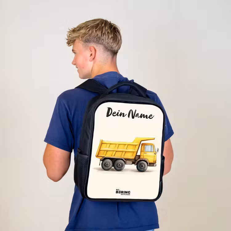 Kinderrucksack mit Namen - Schwarz - Muldenkipper - Signiert - Gelb — 3