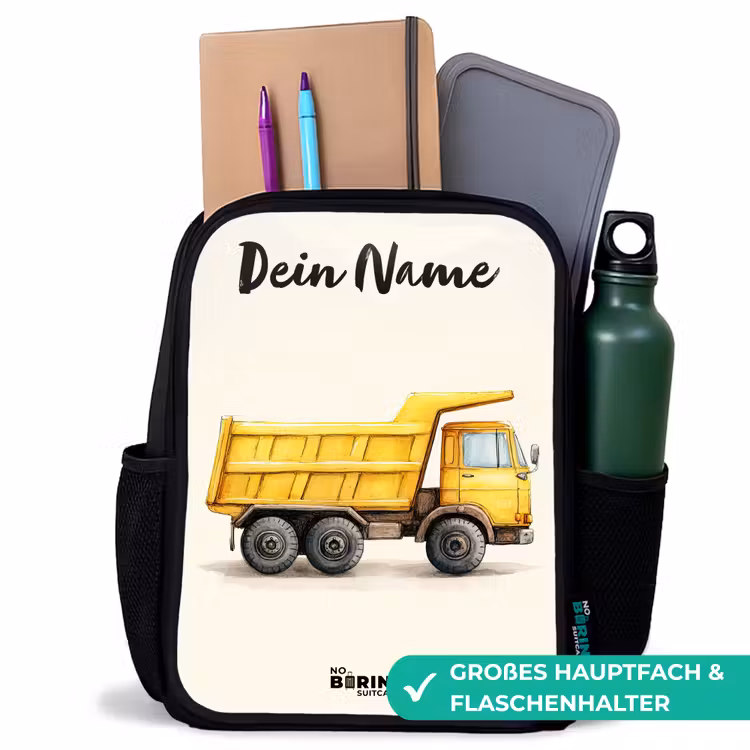 Kinderrucksack mit Namen - Schwarz - Muldenkipper - Signiert - Gelb — 8