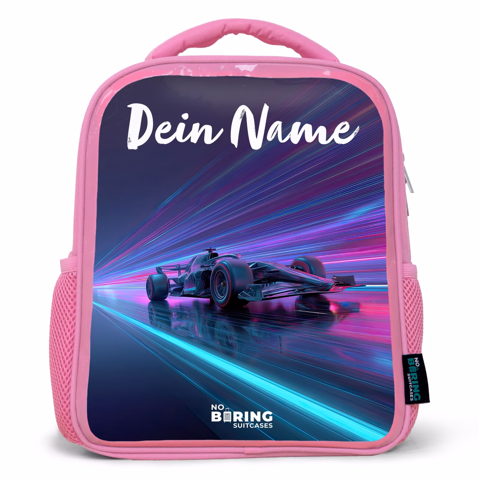 Kinderrucksack mit Namen - Rosa - Lichtbalken - Neon - Rennwagen - Lila — 1