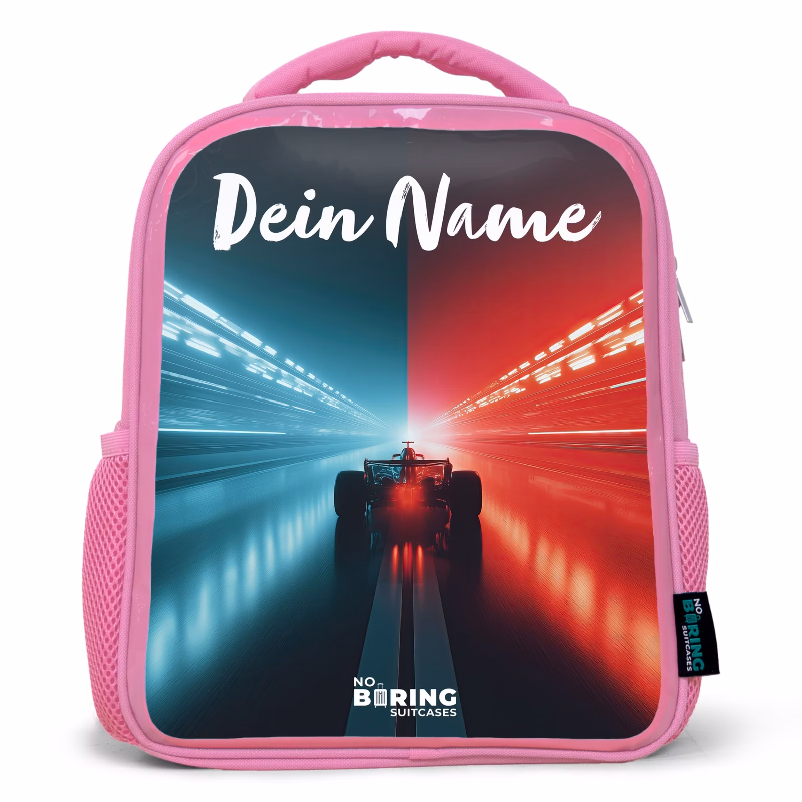 Kinderrucksack mit Namen - Rosa - Rennwagen - Beleuchtung - Neon - Rot — 1