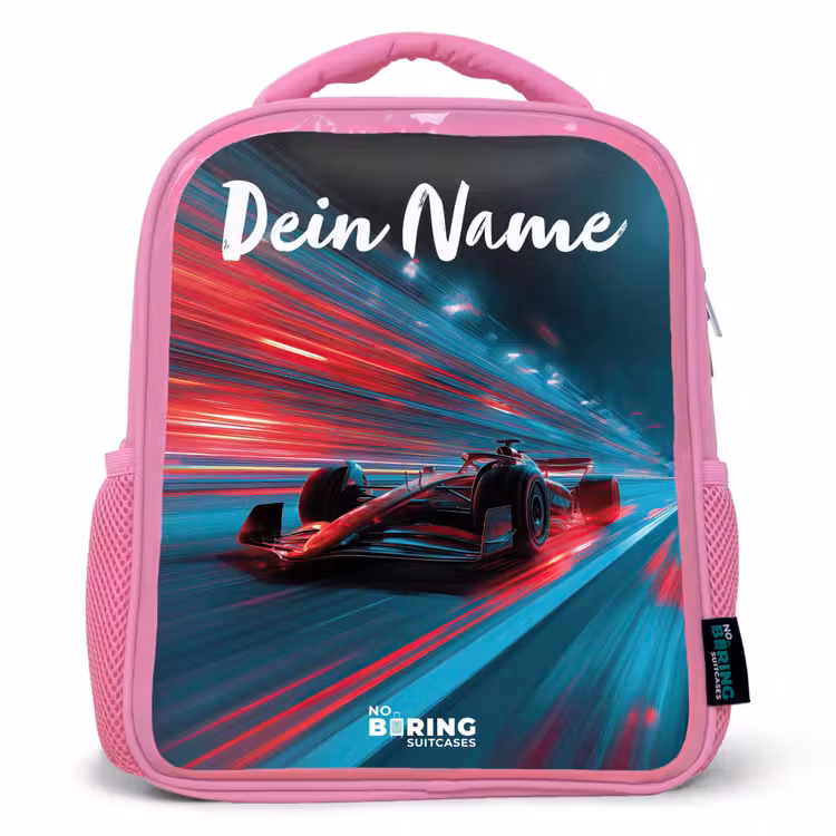 Kinderrucksack mit Namen - Rosa - Formel 1 - Rennwagen - Rot - Neonlichter — 1