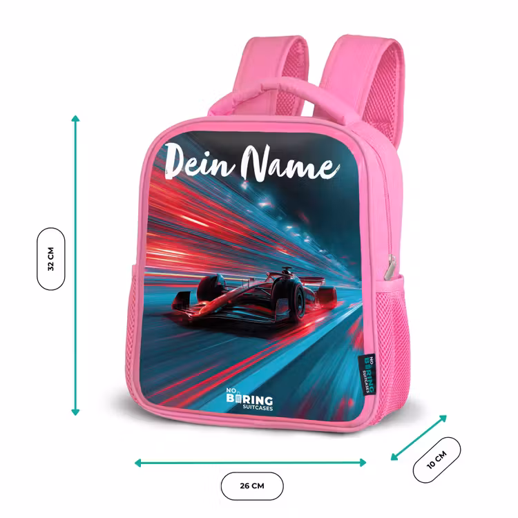 Kinderrucksack mit Namen - Rosa - Formel 1 - Rennwagen - Rot - Neonlichter — 2