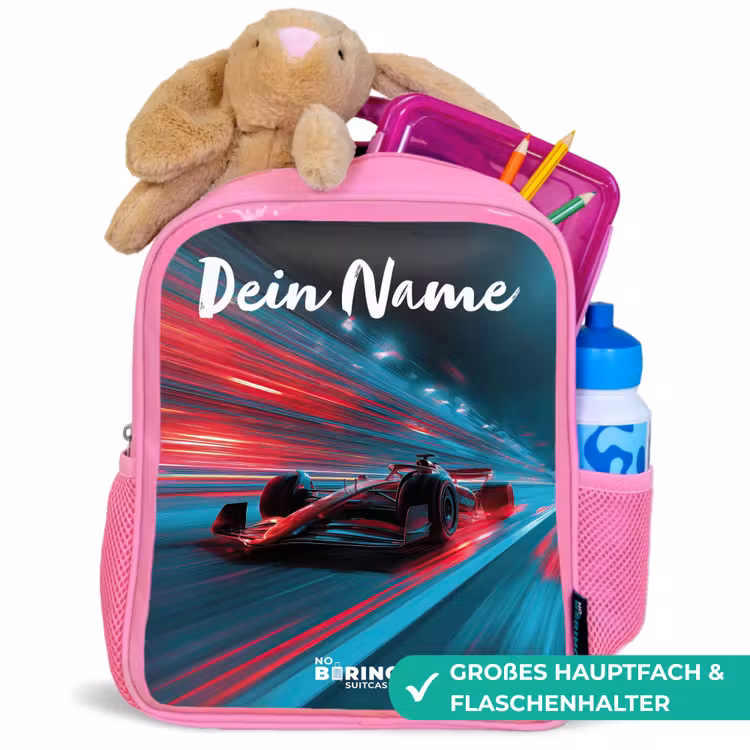 Kinderrucksack mit Namen - Rosa - Formel 1 - Rennwagen - Rot - Neonlichter — 3