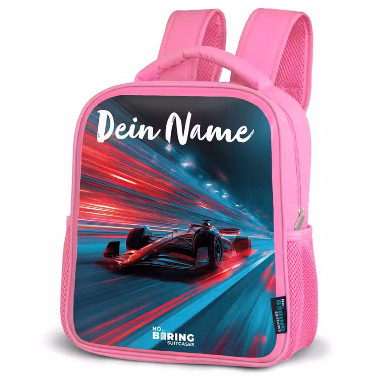 Kinderrucksack mit Namen - Rosa - Formel 1 - Rennwagen - Rot - Neonlichter — 4