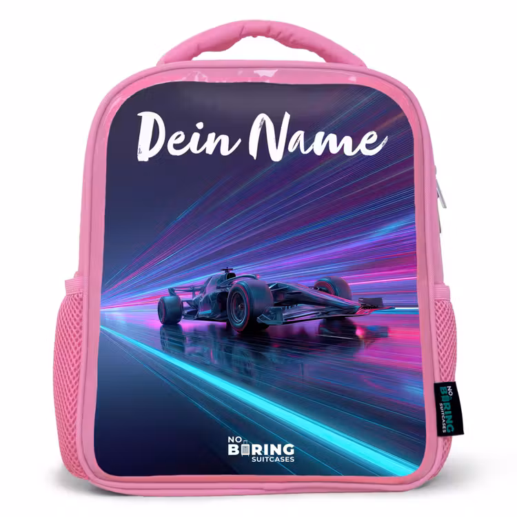Kinderrucksack mit Namen - Rosa - Lichtbalken - Neon - Rennwagen - Lila — 1