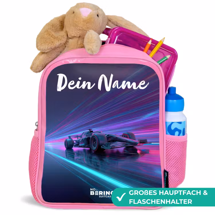 Kinderrucksack mit Namen - Rosa - Lichtbalken - Neon - Rennwagen - Lila — 3