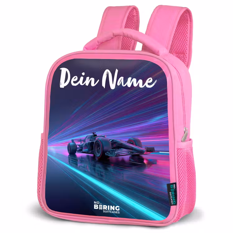 Kinderrucksack mit Namen - Rosa - Lichtbalken - Neon - Rennwagen - Lila — 4