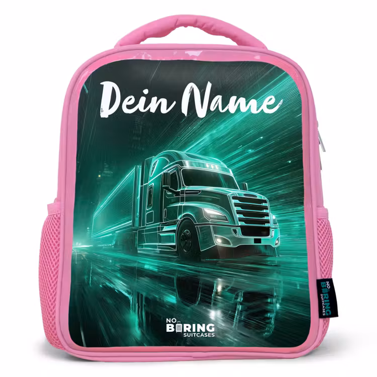 Kinderrucksack mit Namen - Rosa - Lkw - Stadt - Grün - Neon — 1