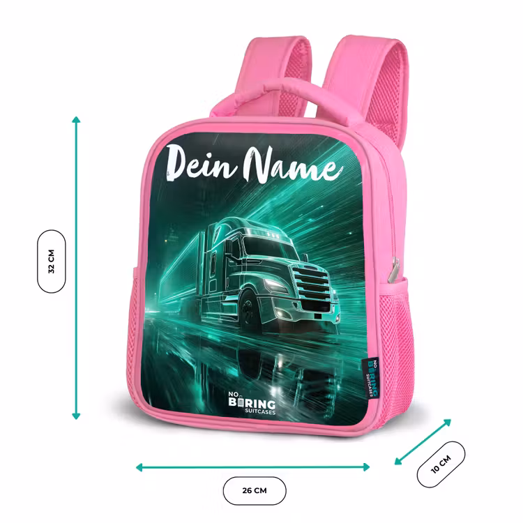 Kinderrucksack mit Namen - Rosa - Lkw - Stadt - Grün - Neon — 2