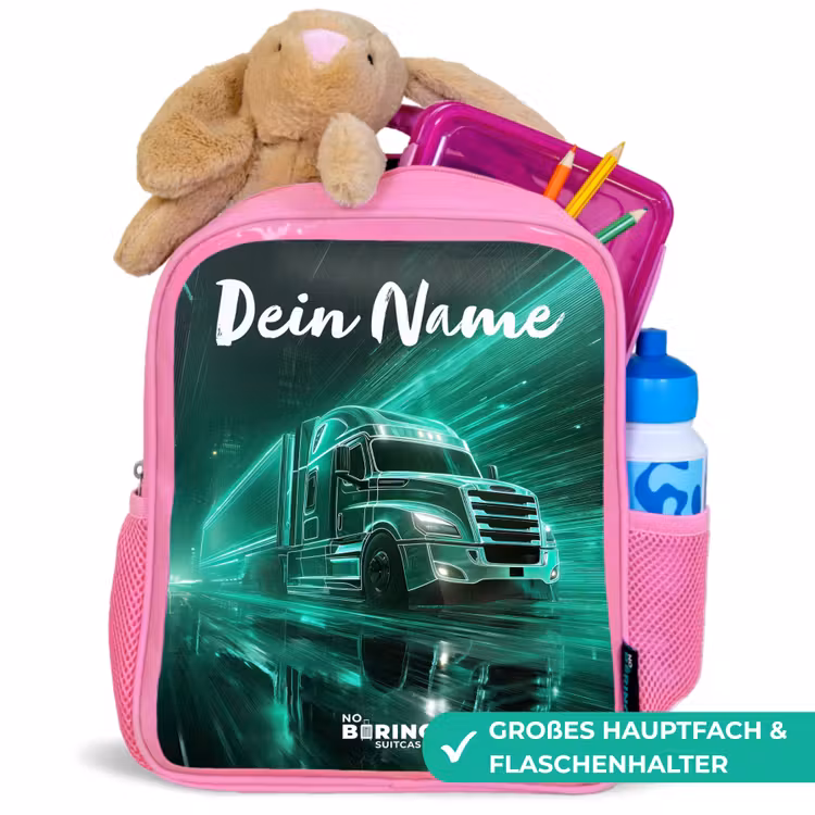 Kinderrucksack mit Namen - Rosa - Lkw - Stadt - Grün - Neon — 3