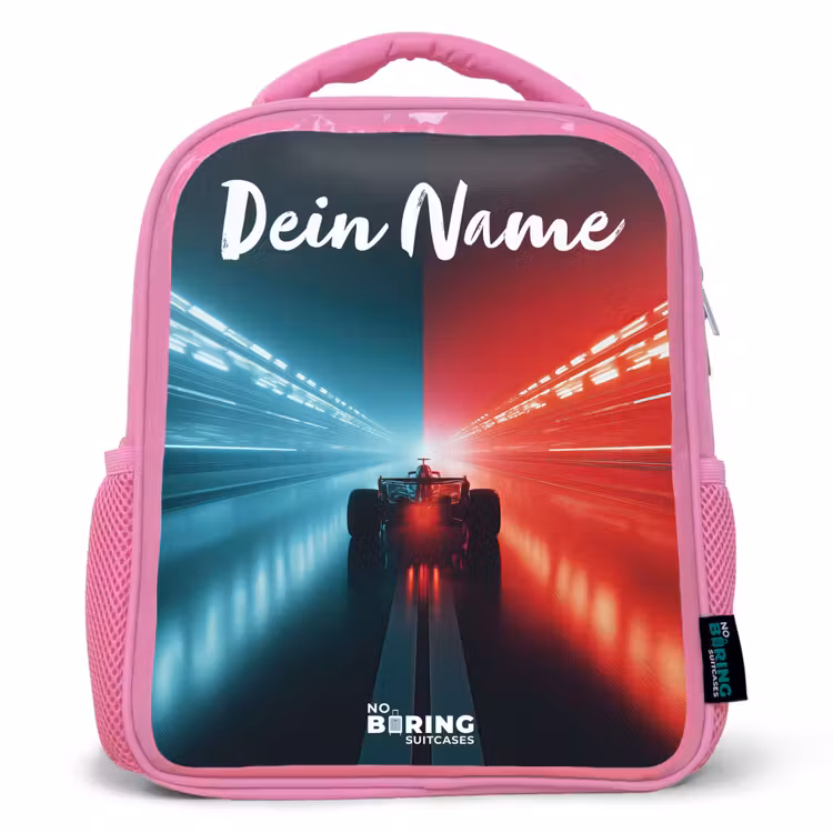 Kinderrucksack mit Namen - Rosa - Rennwagen - Beleuchtung - Neon - Rot — 1