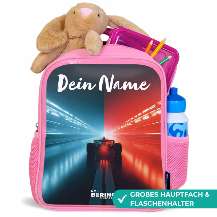 Kinderrucksack mit Namen - Rosa - Rennwagen - Beleuchtung - Neon - Rot — 3