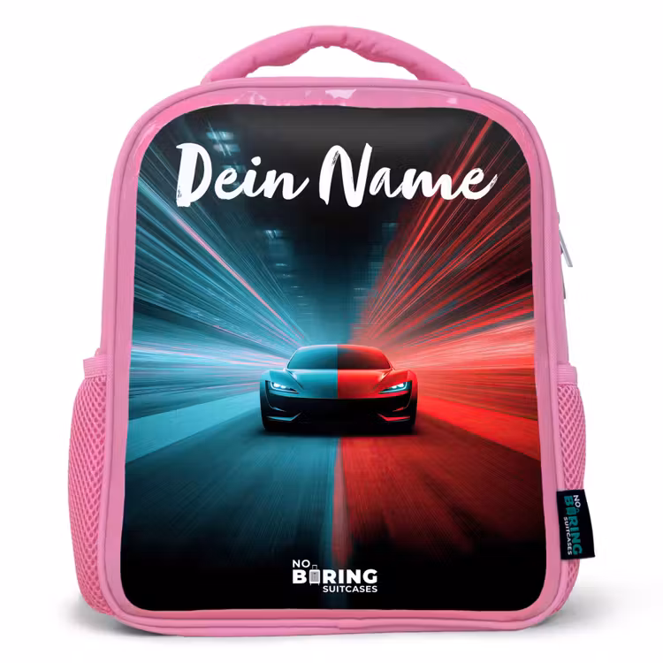 Kinderrucksack mit Namen - Rosa - Sportwagen - Blau - Neon - Stadt — 1