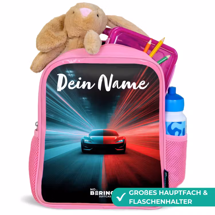 Kinderrucksack mit Namen - Rosa - Sportwagen - Blau - Neon - Stadt — 3