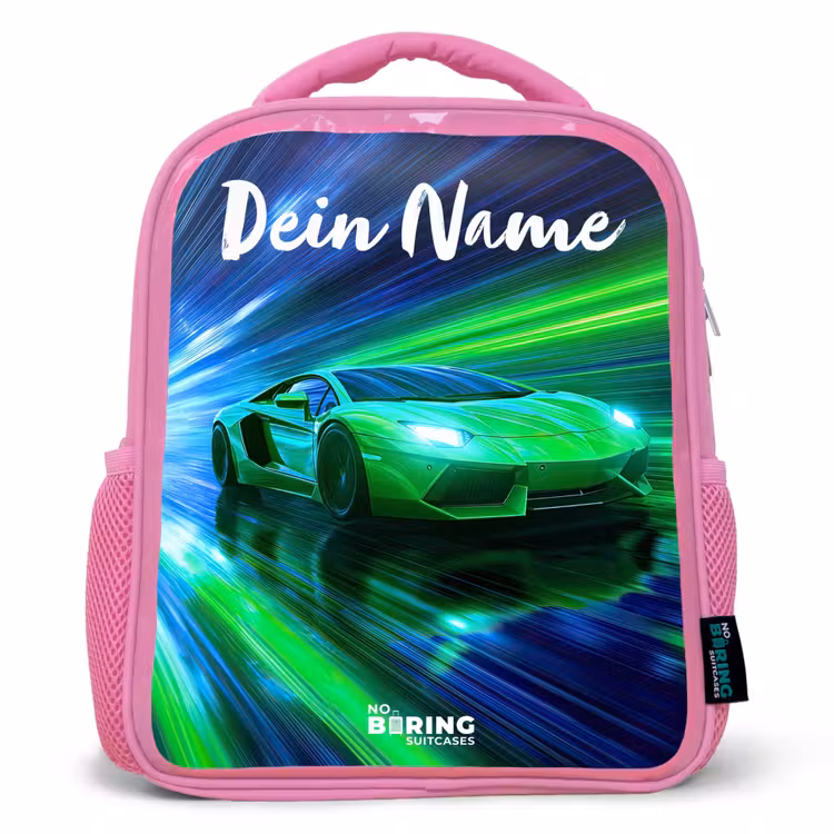 Kinderrucksack mit Namen - Rosa - Sportwagen - Grün - Geschwindigkeitslinien - Neon — 1