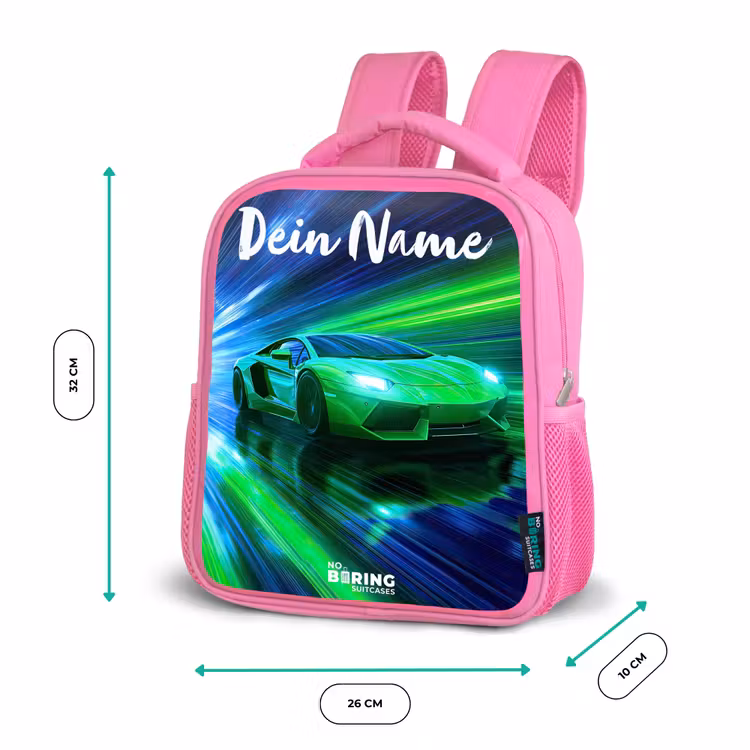 Kinderrucksack mit Namen - Rosa - Sportwagen - Grün - Geschwindigkeitslinien - Neon — 2