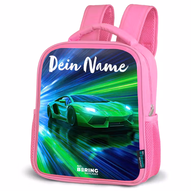 Kinderrucksack mit Namen - Rosa - Sportwagen - Grün - Geschwindigkeitslinien - Neon — 4