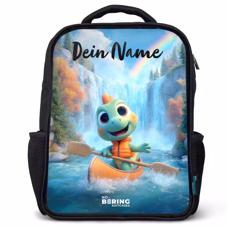 Kinderrucksack mit Namen - Schwarz - Dino - Natur - Wasserfall — 1