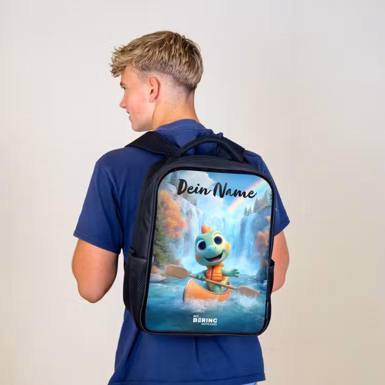 Kinderrucksack mit Namen - Schwarz - Dino - Natur - Wasserfall — 3